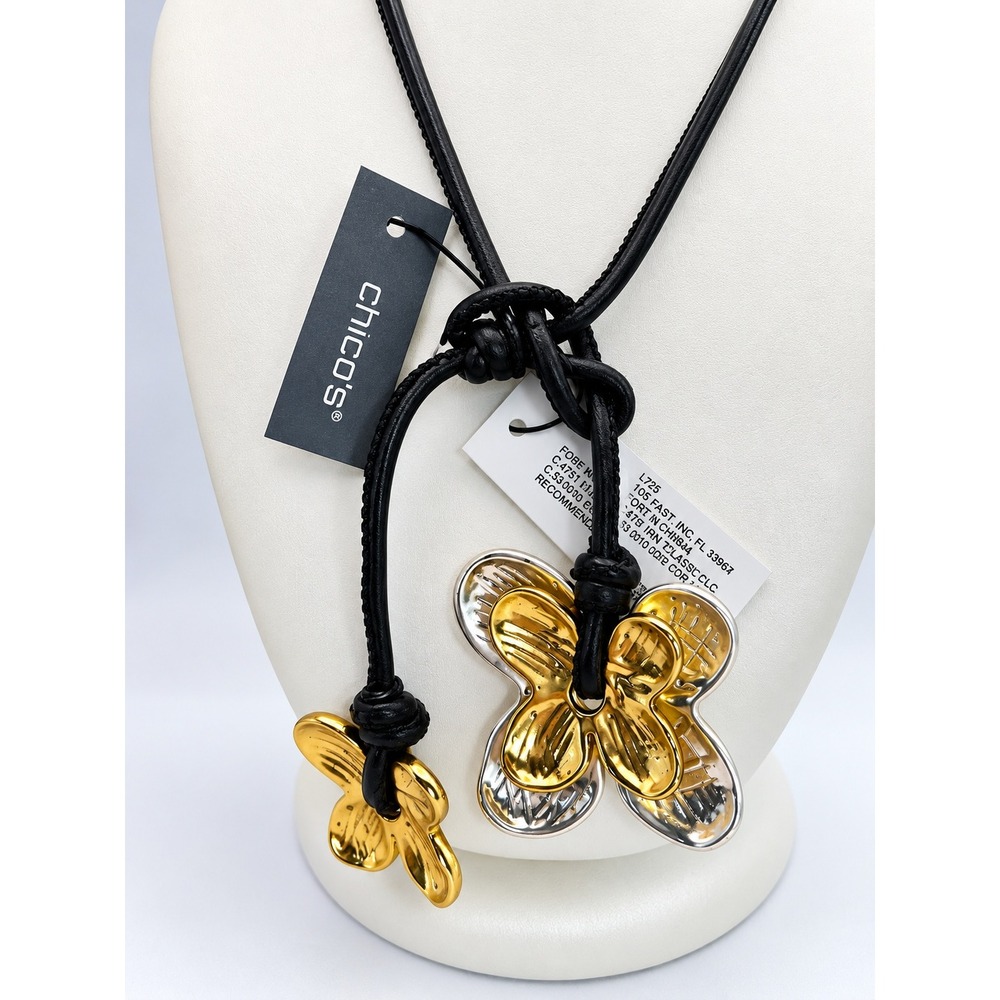 Chicos Necklace Women OS Black Good Mixed Metal Butterfly Lariat Cord Statement